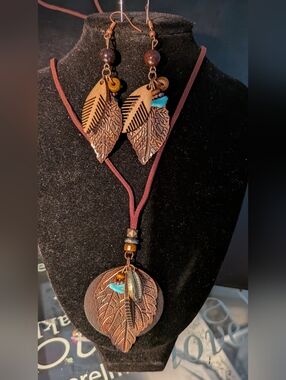 Boho Copper Leaf Necklace with Turquoise Accent - Women's Jewelry